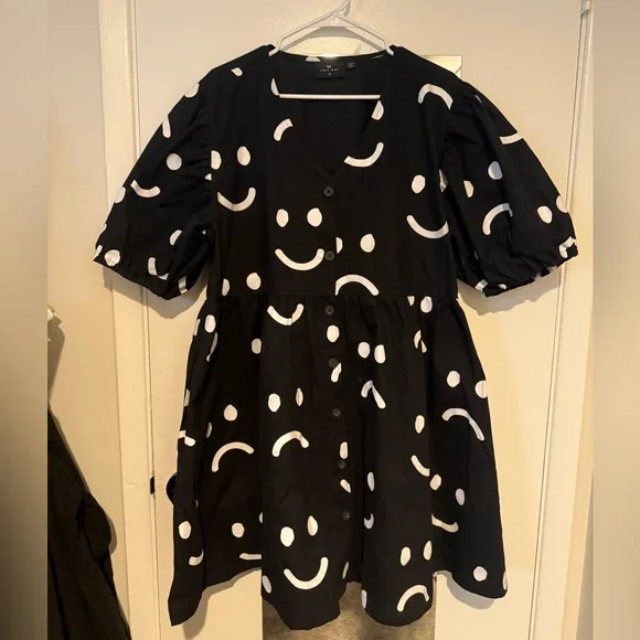 Lazy Oaf Black Happy Sad Puff Sleeve Mini Dress with White Smiley Faces Plus 18 - Picture 4 of 7